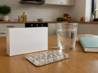 Boîte avec acide hyaluronique en gélules, dangers possibles et verre d'eau sur table bois
