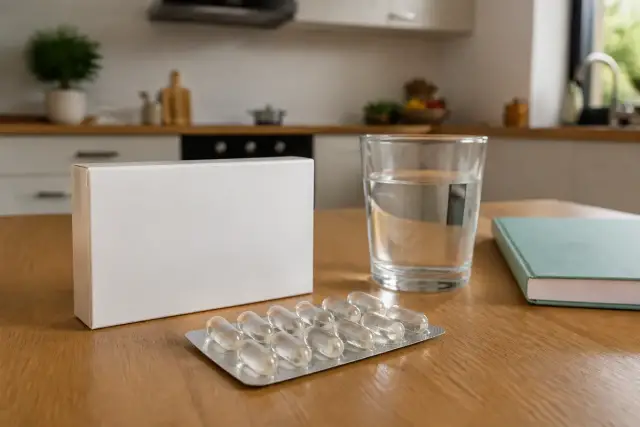 Boîte avec acide hyaluronique en gélules, dangers possibles et verre d'eau sur table bois