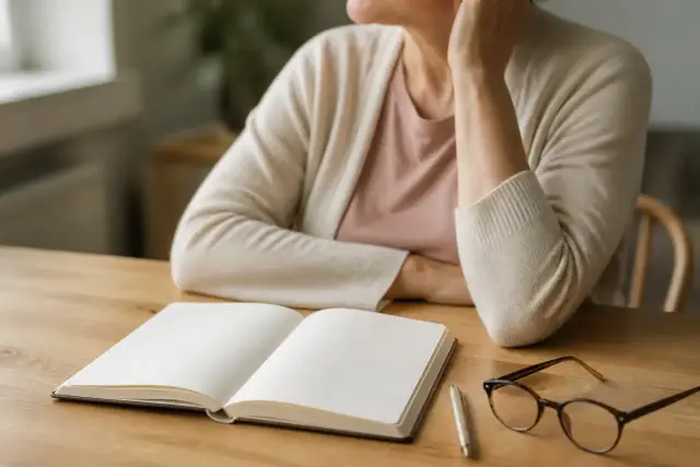 Carnet ouvert sur une page blanche, stylo et lunettes de lecture posés sur une table en bois clair