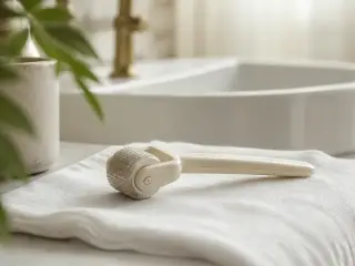 Rouleau à petites pointes posé sur un linge blanc près d’un lavabo, lumière douce de fenêtre, sans marque ni emballage visible