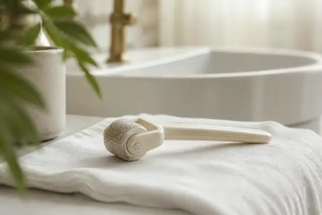 Rouleau à petites pointes posé sur un linge blanc près d’un lavabo, lumière douce de fenêtre, sans marque ni emballage visible