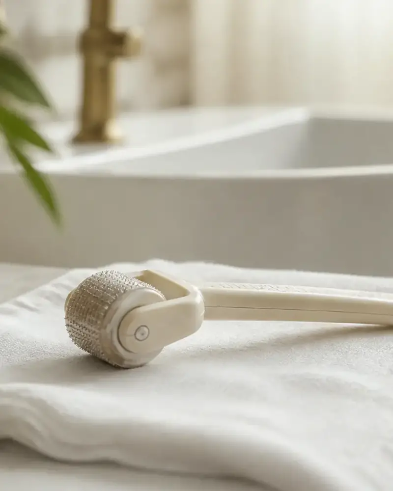 Rouleau à petites pointes posé sur un linge blanc près d’un lavabo, lumière douce de fenêtre, sans marque ni emballage visible