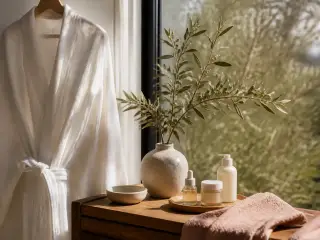 Peignoir blanc suspendu près d’une fenêtre, lumière douce du matin, ambiance calme