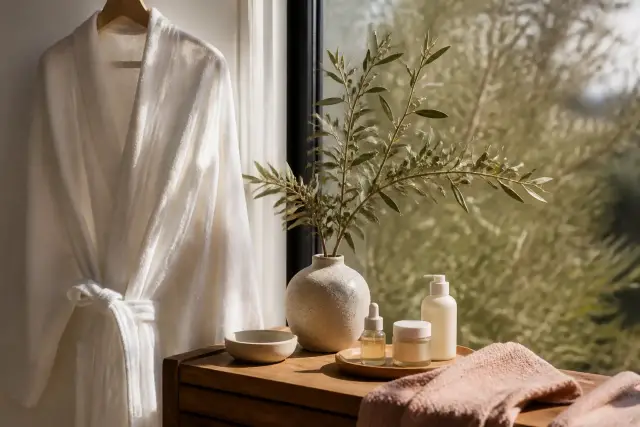 Peignoir blanc suspendu près d’une fenêtre, lumière douce du matin, ambiance calme