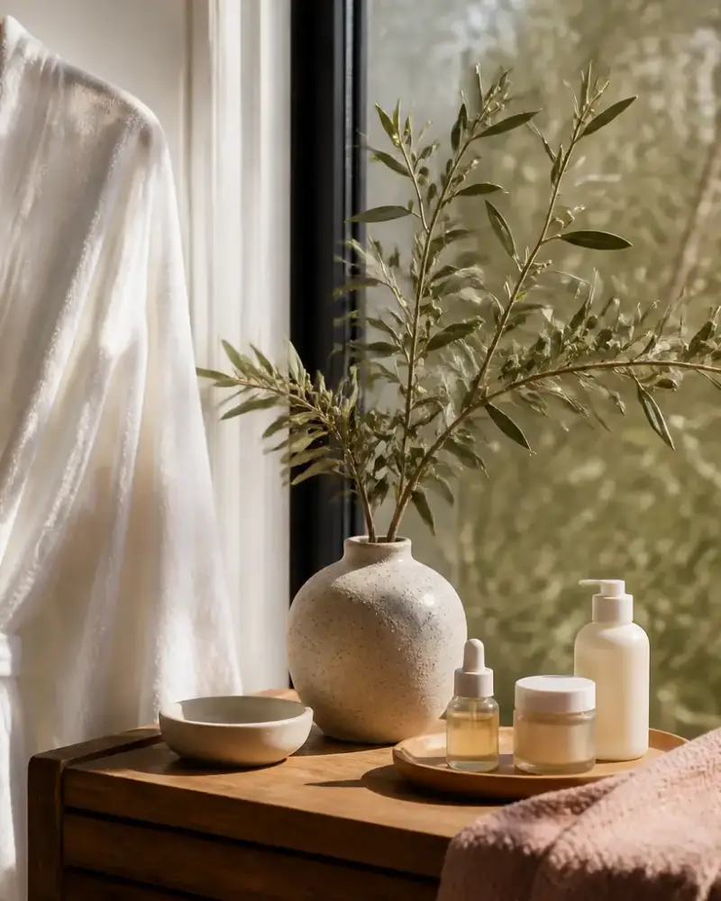 Peignoir blanc suspendu près d’une fenêtre, lumière douce du matin, ambiance calme