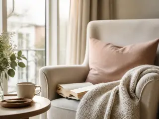 Fauteuil de lecture au bord d’une fenêtre, plaid clair, lumière douce, ambiance calme