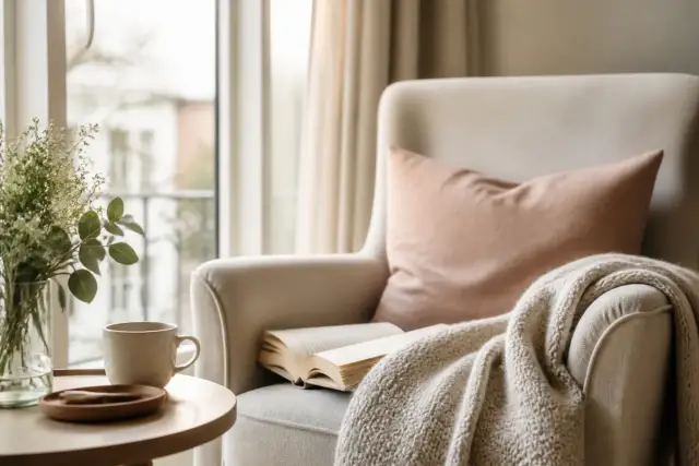 Fauteuil de lecture au bord d’une fenêtre, plaid clair, lumière douce, ambiance calme
