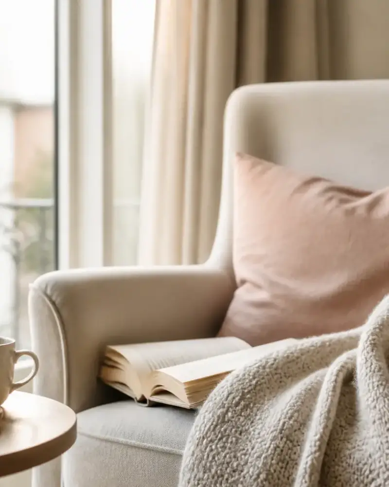 Fauteuil de lecture au bord d’une fenêtre, plaid clair, lumière douce, ambiance calme
