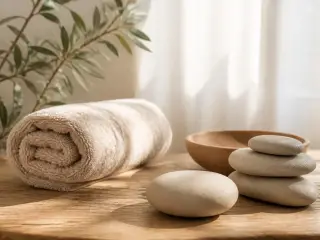 Pierres lisses et serviette roulée sur une table en bois, lumière douce de fenêtre, ambiance calme