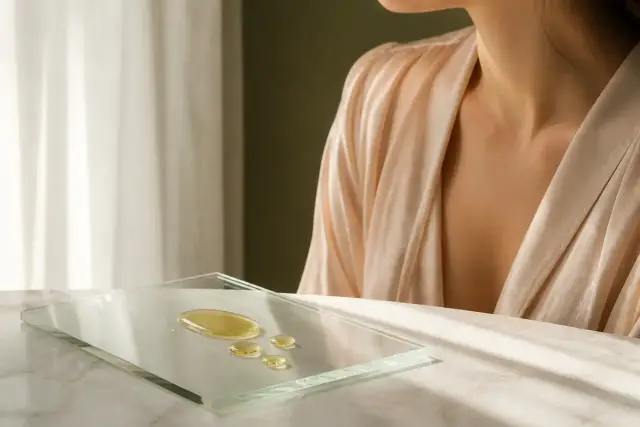 Gouttes d’une huile translucide sur une plaque de verre posée sur du marbre blanc, lumière douce de fenêtre, sans flacon