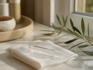 Seringue de verre vide posée sur une compresse blanche, sans étiquette lisible, lumière douce de fenêtre