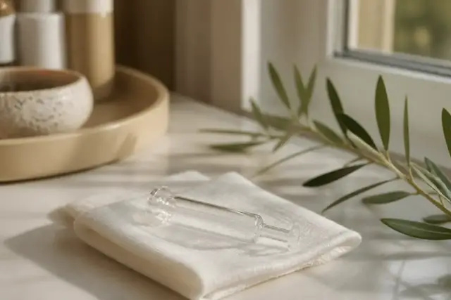 Seringue de verre vide posée sur une compresse blanche, sans étiquette lisible, lumière douce de fenêtre
