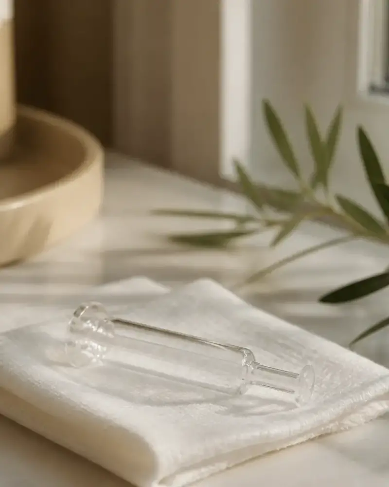 Seringue de verre vide posée sur une compresse blanche, sans étiquette lisible, lumière douce de fenêtre