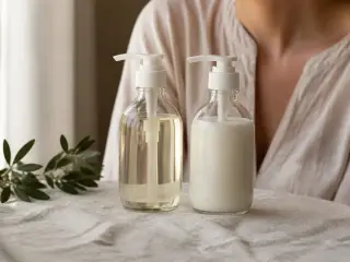 Deux flacons de verre transparents posés côte à côte sur un linge clair, étiquettes absentes, lumière douce