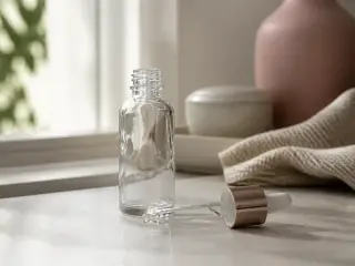 Flacon de verre transparent vide posé sur un plan de travail clair, sans étiquette lisible, lumière douce