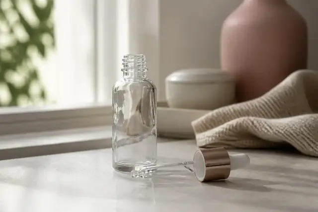 Flacon de verre transparent vide posé sur un plan de travail clair, sans étiquette lisible, lumière douce