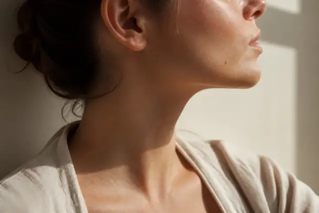 Profil d’un visage, ligne de la mâchoire et de l’oreille, peau mate, lumière rasante de fenêtre