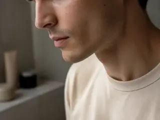 Profil d’un visage d’homme penché légèrement vers le bas, éclairage doux de fenêtre, ligne de la mâchoire visible, personne non identifiable