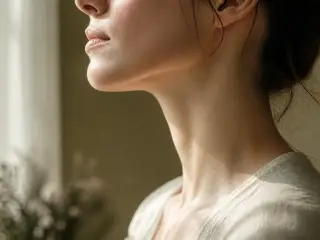 Contour d’un visage féminin photographié de profil, éclairé par une fenêtre, mâchoire et cou visibles, personne non identifiable