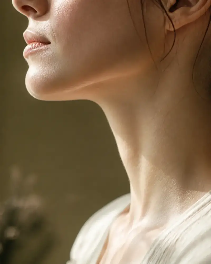 Contour d’un visage féminin photographié de profil, éclairé par une fenêtre, mâchoire et cou visibles, personne non identifiable