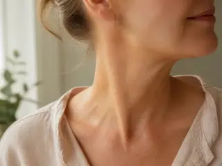 Cou et ligne de mâchoire d’une femme mûre, de trois quarts, lumière douce de fenêtre, cheveux relevés, personne non identifiable