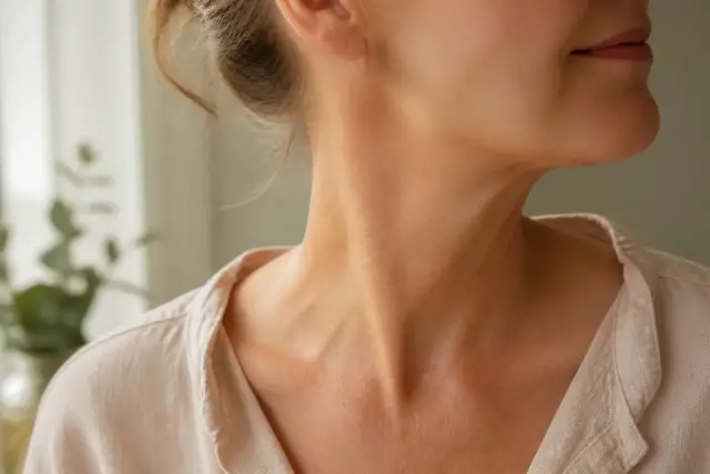 Cou et ligne de mâchoire d’une femme mûre, de trois quarts, lumière douce de fenêtre, cheveux relevés, personne non identifiable