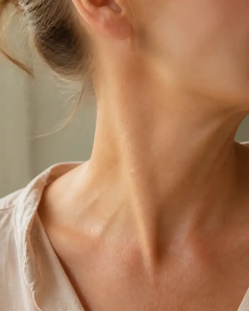 Cou et ligne de mâchoire d’une femme mûre, de trois quarts, lumière douce de fenêtre, cheveux relevés, personne non identifiable