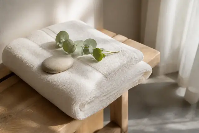 Serviette de bain ivoire pliée sur un banc de bois clair avec un galet et une branche d’eucalyptus, lumière douce de fenêtre