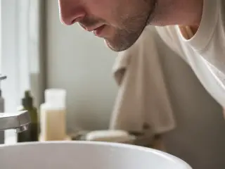 Menton et joue d’un homme penché sur un lavabo clair, lumière douce de fenêtre, peau légèrement rosée, personne non identifiable