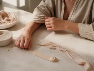 Bande de tissu et spatule posées sur un plan de travail clair, lumière douce de fenêtre, sans marque ni emballage visible