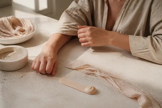 Bande de tissu et spatule posées sur un plan de travail clair, lumière douce de fenêtre, sans marque ni emballage visible