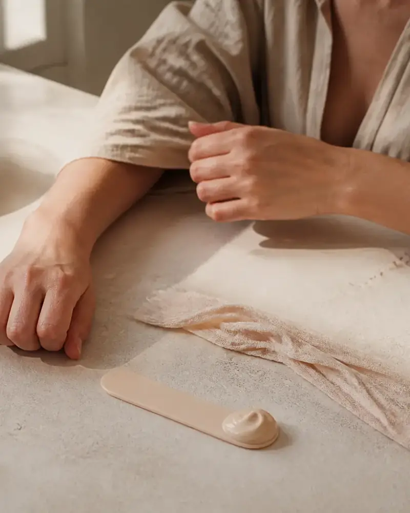 Bande de tissu et spatule posées sur un plan de travail clair, lumière douce de fenêtre, sans marque ni emballage visible