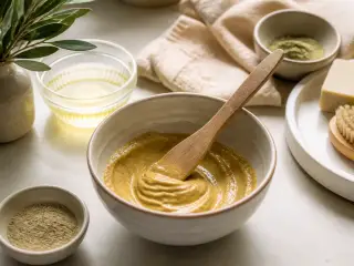 Spatule en bois posée sur une pâte dorée dans un bol, lumière douce de fenêtre, plan de travail clair, sans marque visible