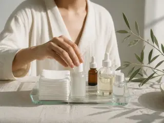 Plateau de verre avec compresses blanches et petits flacons sans étiquette, lumière douce, fond clair