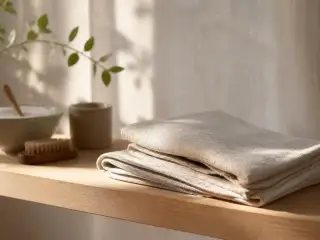 Serviette de lin beige pliée sur une étagère en bois clair, lumière douce de fenêtre, ambiance calme