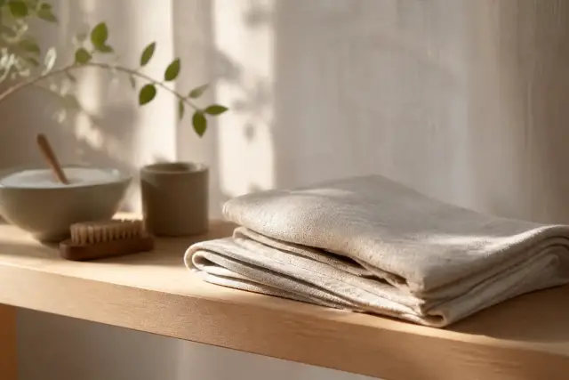 Serviette de lin beige pliée sur une étagère en bois clair, lumière douce de fenêtre, ambiance calme