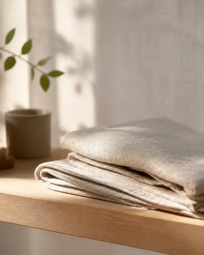 Serviette de lin beige pliée sur une étagère en bois clair, lumière douce de fenêtre, ambiance calme