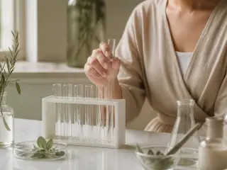 Tube à essai de verre vide dans un support, sans étiquette, sur un plan de travail clair, lumière douce