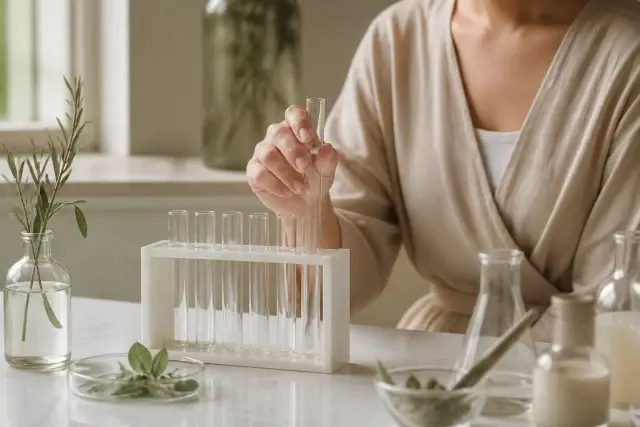Tube à essai de verre vide dans un support, sans étiquette, sur un plan de travail clair, lumière douce