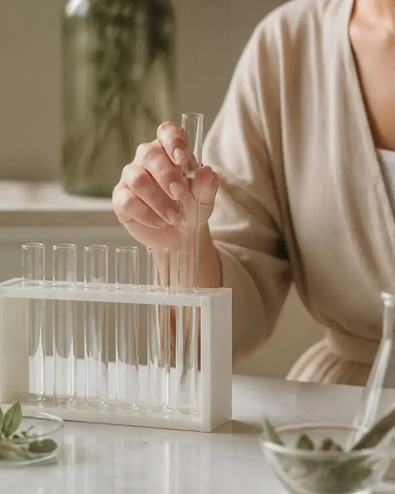 Tube à essai de verre vide dans un support, sans étiquette, sur un plan de travail clair, lumière douce