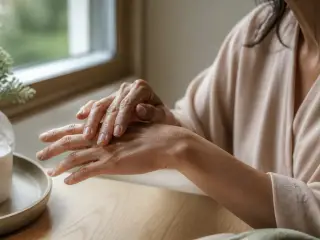 Mains posées sur une table de bois clair près d’une fenêtre, peau mate marquée de fines lignes, lumière douce