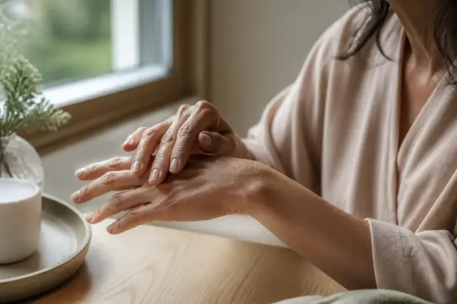 Mains posées sur une table de bois clair près d’une fenêtre, peau mate marquée de fines lignes, lumière douce