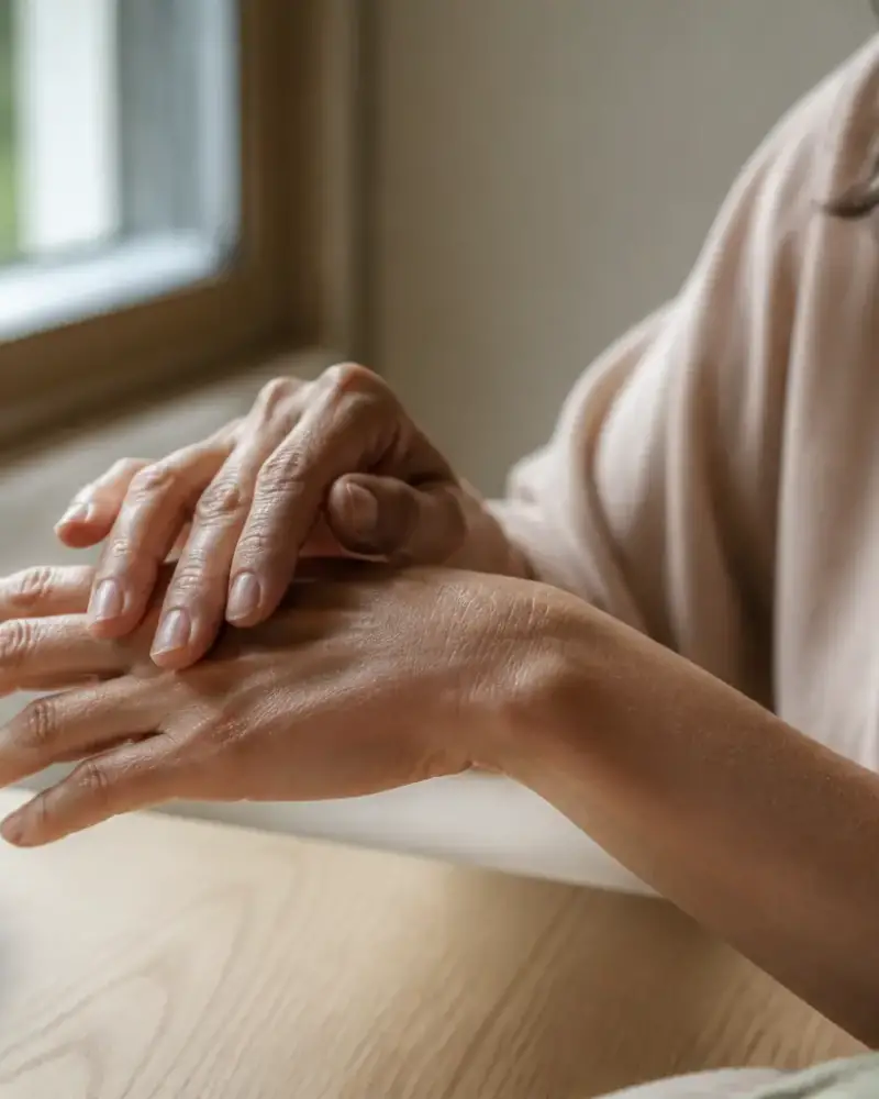 Mains posées sur une table de bois clair près d’une fenêtre, peau mate marquée de fines lignes, lumière douce