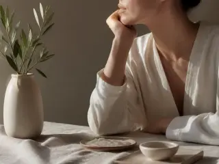 Visage de trois quarts, front détendu et sourcils légèrement rapprochés, lumière douce de fenêtre