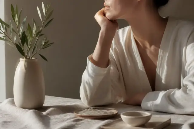 Visage de trois quarts, front détendu et sourcils légèrement rapprochés, lumière douce de fenêtre