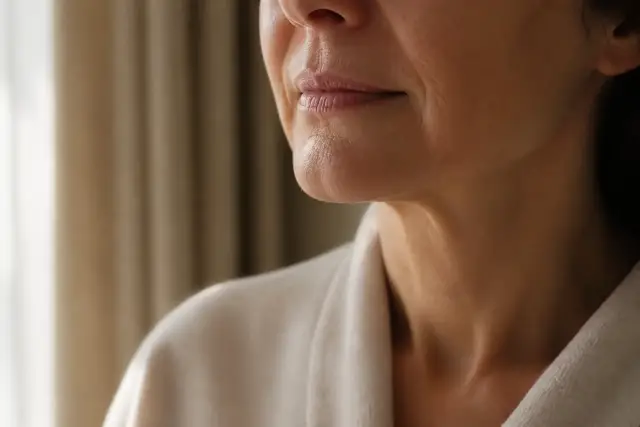 Gros plan sur le bas d’un visage, peau mate aux fines lignes autour des lèvres, lumière rasante de fenêtre