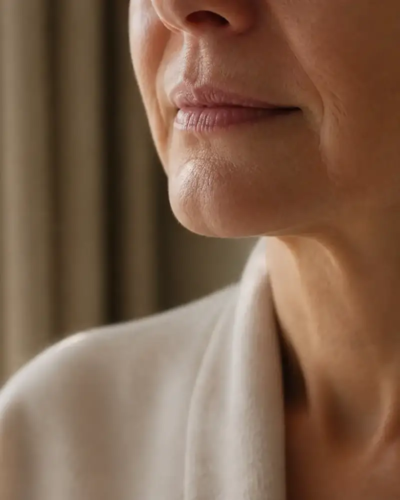 Gros plan sur le bas d’un visage, peau mate aux fines lignes autour des lèvres, lumière rasante de fenêtre