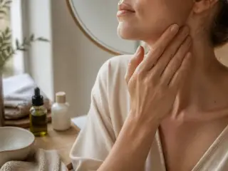 Joue d’un visage de trois quarts, peau mate au grain irrégulier, lumière rasante de fenêtre
