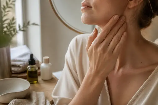 Joue d’un visage de trois quarts, peau mate au grain irrégulier, lumière rasante de fenêtre