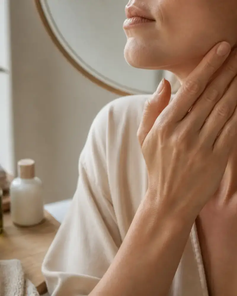 Joue d’un visage de trois quarts, peau mate au grain irrégulier, lumière rasante de fenêtre